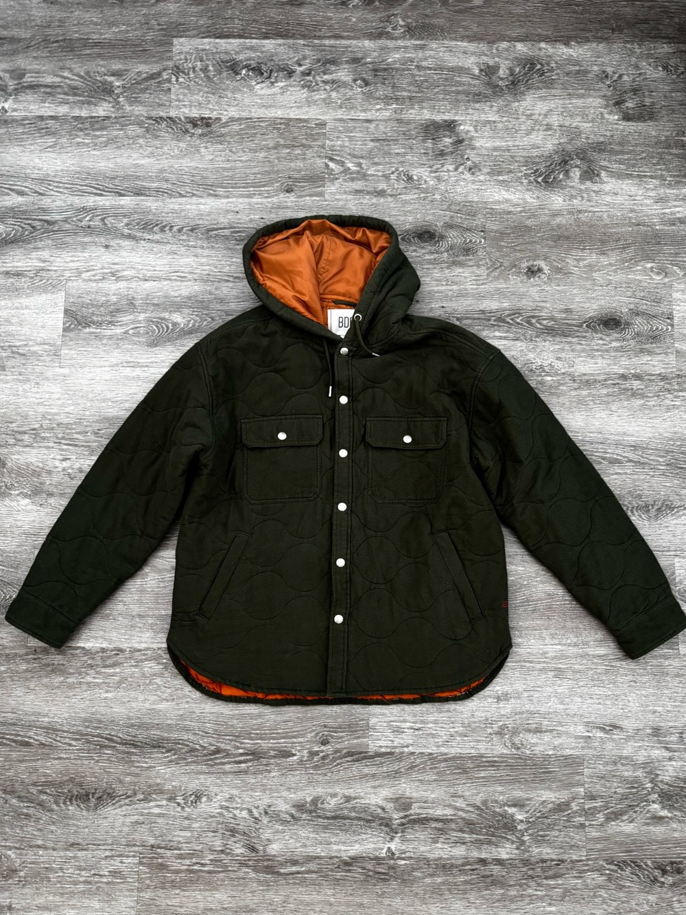 BDG Olive Green Quilted Hooded Field Jacket with Orange Lining